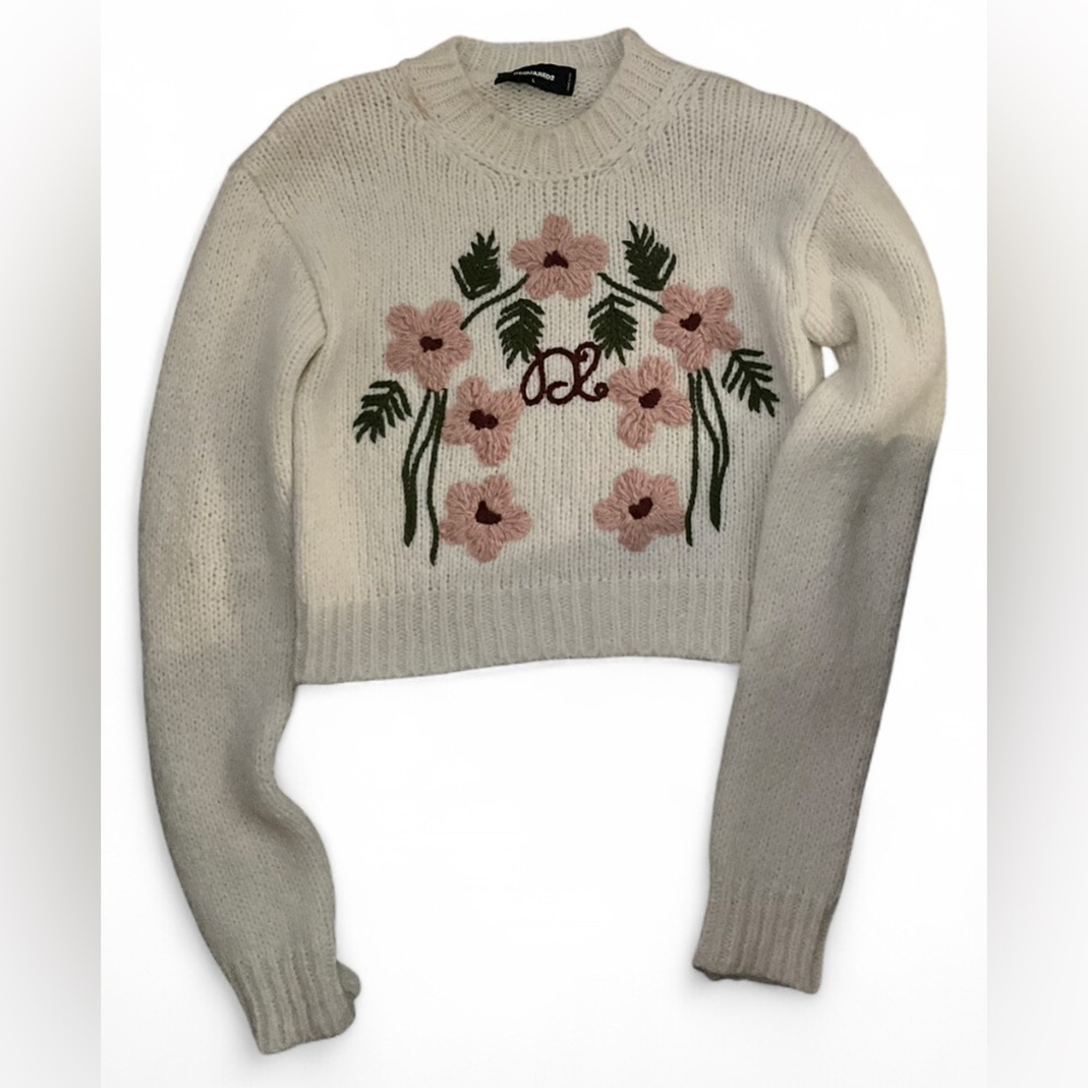DSQUARED2 Alpaca Wool Cream Floral Cropped Sweater Women’s L Embroidered